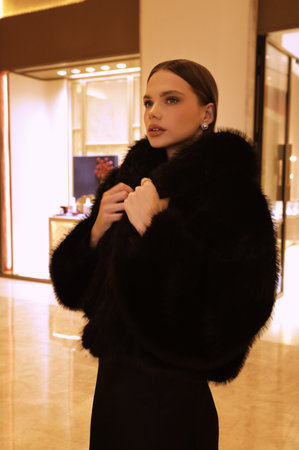 fashion interior photo of beautiful sensual woman with dark hair in luxurious black fur coat and jewelry posing in hall of the hotelの写真素材