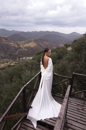 fashion outdoor photo of beautiful woman with dark hair in luxurious wedding dress with jewelry posing in beautiful nature place Lefkara, with mountains in the backgroundの写真素材