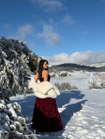 fashion Christmas photo of beautiful woman with dark hair in luxurious evening dress and white fur coat with accessories posing in the snowy mountainsの写真素材