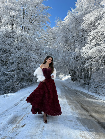 fashion Christmas photo of beautiful woman with dark hair in luxurious evening dress with accessories posing in the snowy mountainsの写真素材