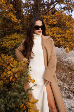 fashion outdoor photo of beautiful slavic woman with dark hair in elegant dress and wool coat posing among beautiful natureの写真素材
