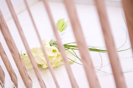 a bright orange-white bouquet lies on a windowsill, slightly covered with white curtainsの写真素材