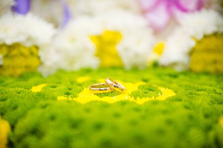 two wedding rings on greensの写真素材