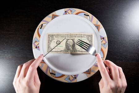 a girl sits at a table in front of a plate on which lies a one dollar bill, top viewの写真素材