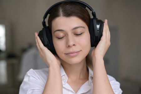 Young woman enjoying music in the headboards in the morning at home. close upの写真素材