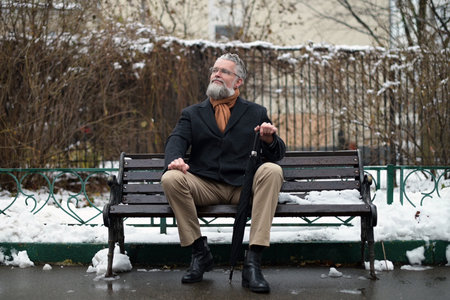 A respectable gray-haired man in glasses sits on a park bench and looks at the camera smilingの写真素材
