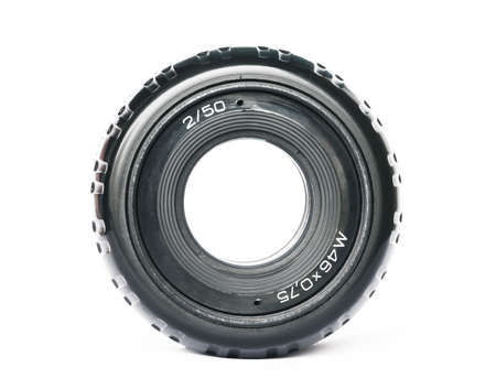 Black camera lens isolated in white backgroundの写真素材