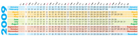 Colorful illustration of 2009 year calendar. Horizontal orientationのイラスト素材