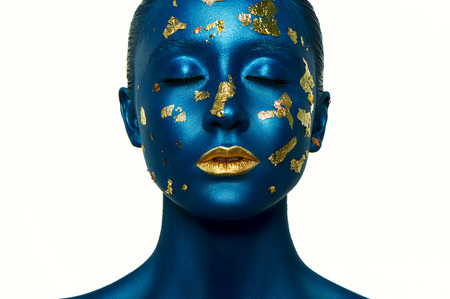 Beauty Alien Halloween Makeup. Blue Skin and gold Lips.の写真素材