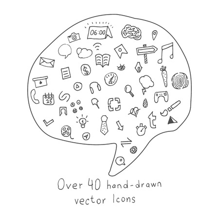 Collection of more than 40 Hand drawn Icons on different Topics. Sketched vector doodle Setのイラスト素材