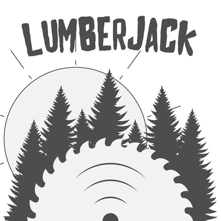 Vintage vector Design of woodwork Postcard with Trees and circular Sawのイラスト素材