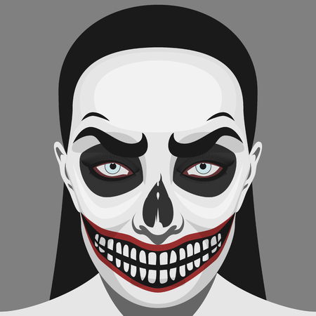 Illustration of Halloween Makeup. Beauty Woman with scary Skull on her Faceのイラスト素材