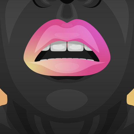 Beauty Woman Face with black Paint on Skin, pink and yellow glossy Lips and white Teethのイラスト素材