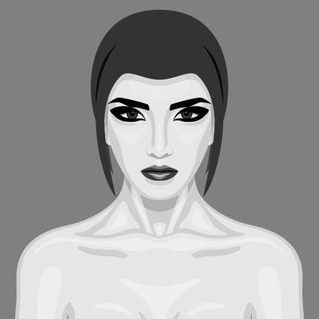 Old-fashioned beauty Woman with big Eyes. Vector black and white Portrait for Your Designのイラスト素材