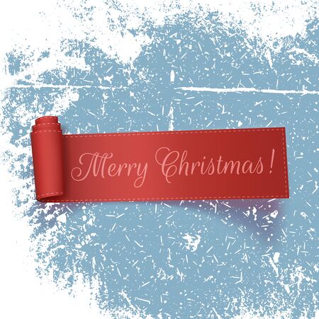 Realistic curved red Ribbon with Merry Christmas Text on the Ice and Snow. Vector Illustrationのイラスト素材