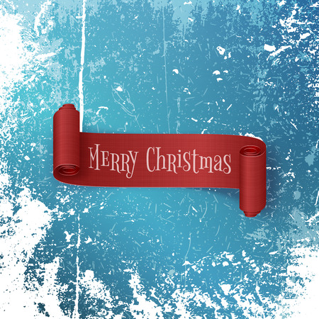 Realistic red Ribbon with Merry Christmas Text on Snow and Ice Background. Editable vector Template of greeting Cardのイラスト素材