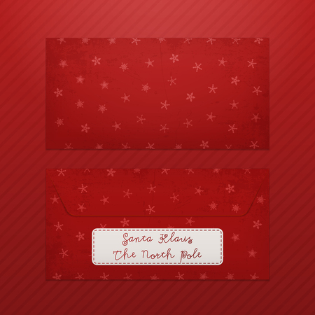 Realistic Christmas blank Envelope Template for Santa with Snowflakes on red Background. Vector Holiday Objectのイラスト素材