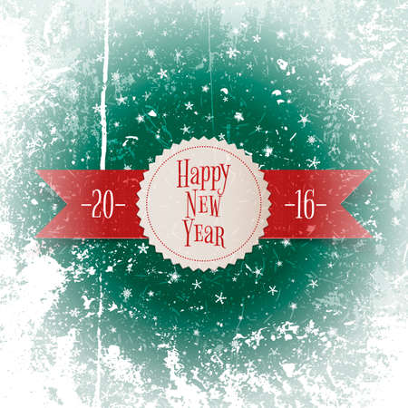 Realistic Christmas and happy New Year red Ribbon and white paper Label on and green frozen Background with Snowflakes. Vector Illustrationのイラスト素材