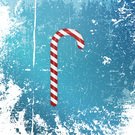 Realistic Christmas striped sweet Candy Cane with Shadow on Snow and Ice Background. のイラスト素材