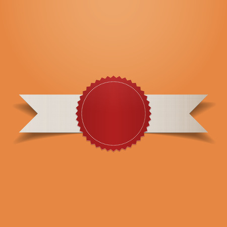 Realistic white Ribbon with red New Year Label on orange Background. Christmas Illustrationの写真素材