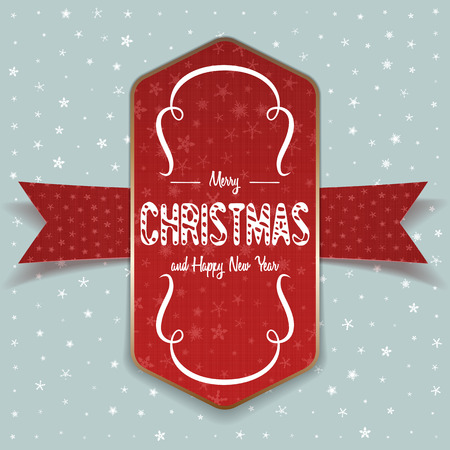 Realistic Christmas greeting red Label and white Ribbon on light Background with Snowflakes. Vector Illustrationのイラスト素材