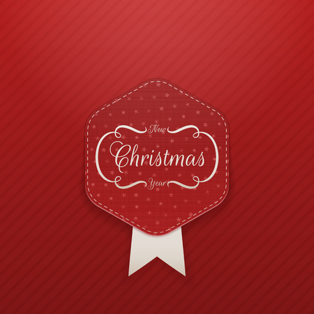 Christmas realistic red Emblem with Snowflakes on striped red Background. Vector Element for Your Designのイラスト素材
