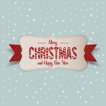 White realistic paper Merry Christmas Banner with red Ribbon on Snowflakes Background. Vector Element for Your Designのイラスト素材