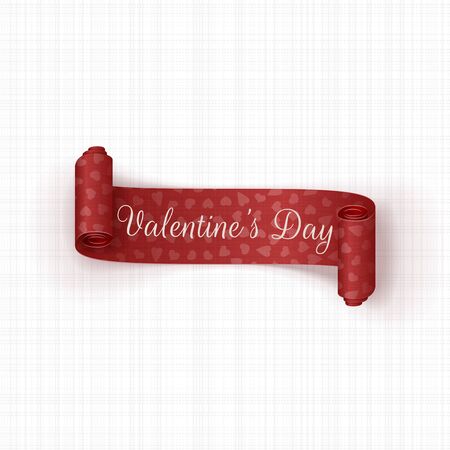 Valentines Day red scroll vector Banner with Hearts Pattern and greeting Text on white textile Backgroundのイラスト素材