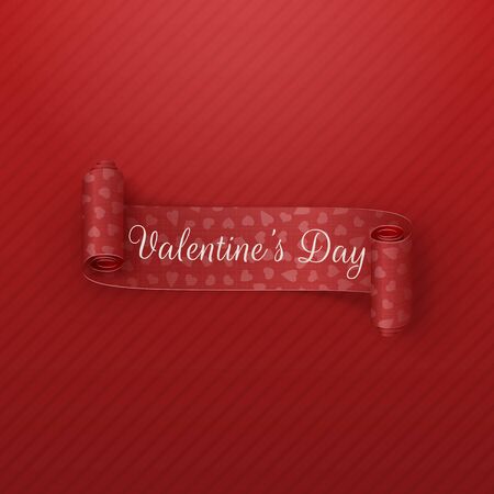 Valentines Day realistic vector scroll Ribbon with Hearts Pattern and greeting Text on red striped Backgroundのイラスト素材