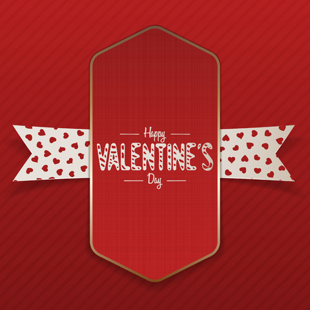 Big vertical realistic Valentines Day vector Banner with Text and white Ribbon with Hearts Patternのイラスト素材