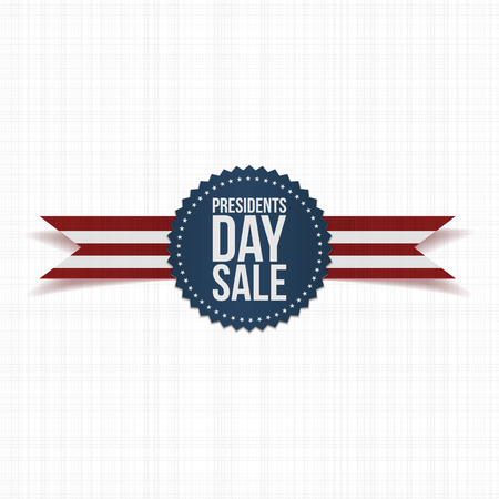 Blue Emblem with Presidents Day Sale Text, white Stars and striped Ribbon on white Textile Background. Vector realistic Label for your Design. Hational Holiday of USAのイラスト素材
