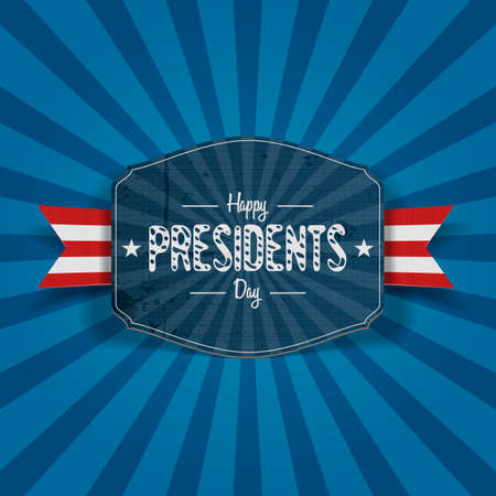 Realistic vector retro blue Banner with Happy Presidents Day Text, Stars, red and white Ribbon and Shadows on striped Background. Illustration for USA national Holidayのイラスト素材