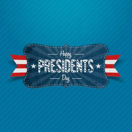 Realistic vector retro blue striped Banner with Happy Presidents Day Text, Stars, red and white Ribbon and Shadows. Patriotic design Element for USA national Holidayのイラスト素材