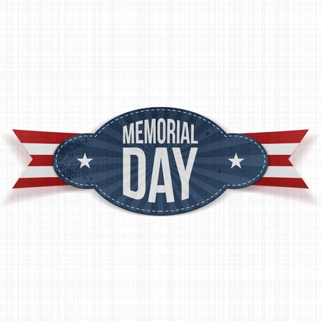 Memorial Day festive Badge with Text and striped Ribbon on white textile Background.のイラスト素材