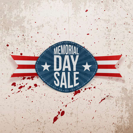 Memorial Day Sale realistic Label with Text and Ribbon on scratched Background with Blood Drops.のイラスト素材