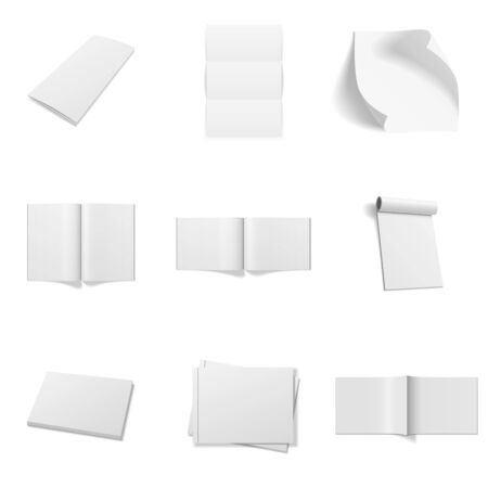 Realistic Mockups Set isolated on white Background. Magazines, Paper Sheets, Frames and Books. Vector Illustrationのイラスト素材