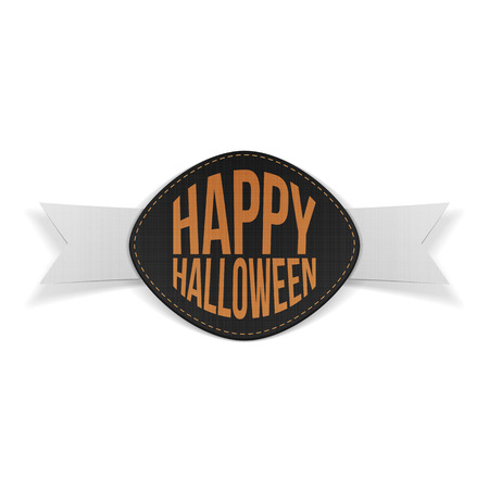 Happy Halloween realistic Emblem with Text and Ribbon. Vector Illustrationのイラスト素材