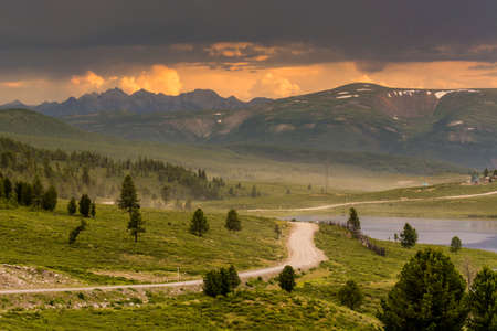 Thunderstorm during sunset in the Altai mountainsの写真素材