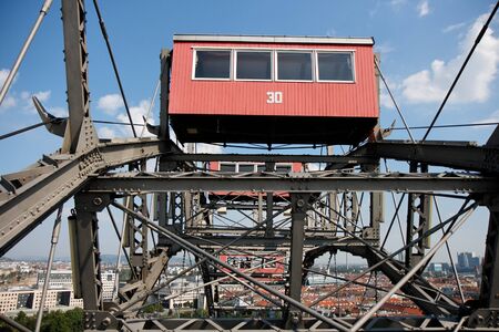 Gondola of large ferris observation wheel in Prater amusement park in Vienna, Austriaの写真素材