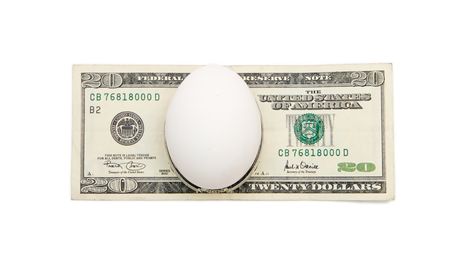 White egg on twenty dollar bill isolatedの写真素材