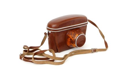 Vintage photo camera in red leather case isolatedの写真素材