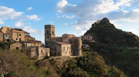 Medieval village of Savoca in Sicily, Italy, at sunsetの写真素材