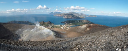 Aeolian islands seen from the Grand crater of Vulcano island near Sicily, Italyの写真素材
