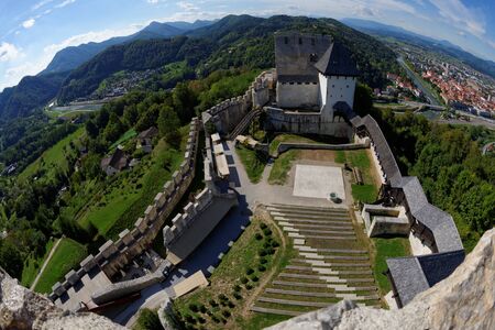 Celje medieval castle in Slovenia above the river  Savinjaのeditorial素材