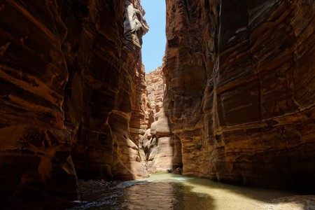 Scenic cliffs of Wadi Mujib creek in Jordanの写真素材