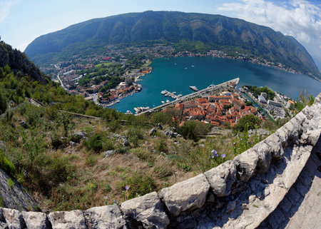 Fisheye view of Kotor town, Montenegro, from Castle Of San Giovanniのeditorial素材