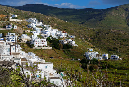 Dramatic view of the town of Chora in Serifos island, Greece under cloudy skyの写真素材
