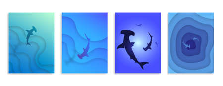 Abstract depth and Hammerhead sharks. Set of 4 vertical isolated banners.のイラスト素材