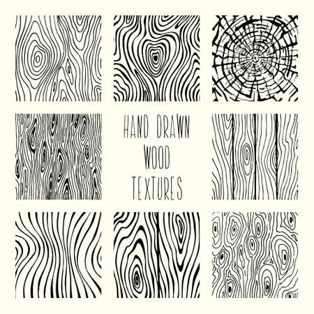 Set of hand drawn wood textures. Abstract lines, generic symbols made in ink. Vector set isolated patterns.のイラスト素材