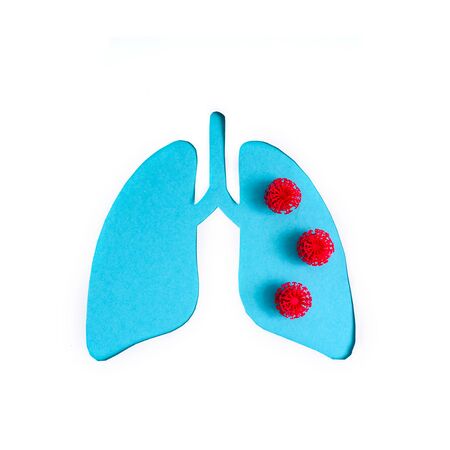 Coronavirus concept. Paper lungs with red balls. Minimal paper art. World Tuberculosis Day or World Lung Day concept. Blue Hole Lungs as symbol of healthy lungs.の写真素材
